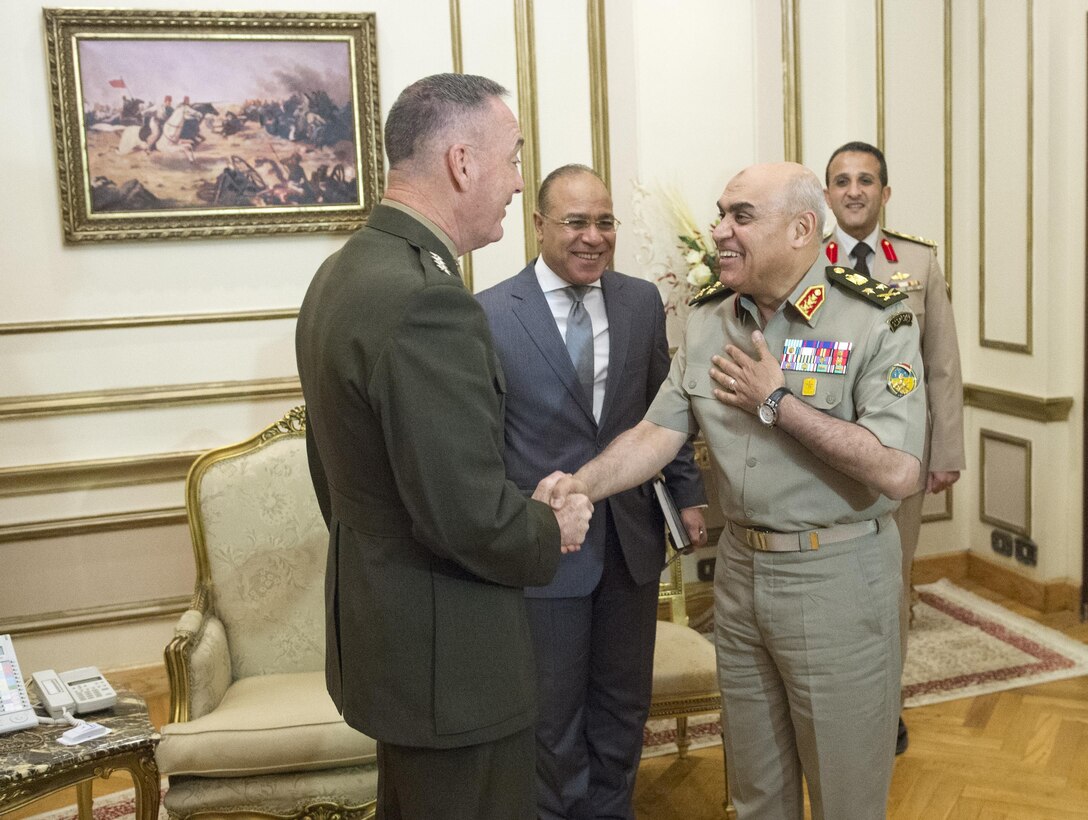 Marine Corps Gen. Joe Dunford, chairman of the Joint Chiefs of Staff, greets Egyptian Defense Minister Col. Gen. Sedki Sobhy at the Ministry of Defense in Cairo, April 23, 2016.  DoD photo by Navy Petty Officer 2nd Class Dominique A. Pineiro
