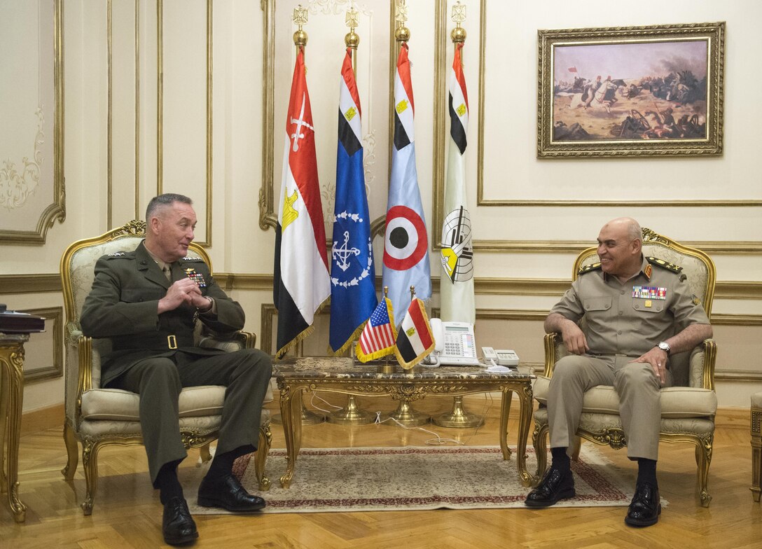 Marine Corps Gen. Joe Dunford, chairman of the Joint Chiefs of Staff, talks with Egyptian Defense Minister Col. Gen. Sedki Sobhy at the Ministry of Defense in Cairo, April 23, 2016. DoD photo by Navy Petty Officer 2nd Class Dominique A. Pineiro