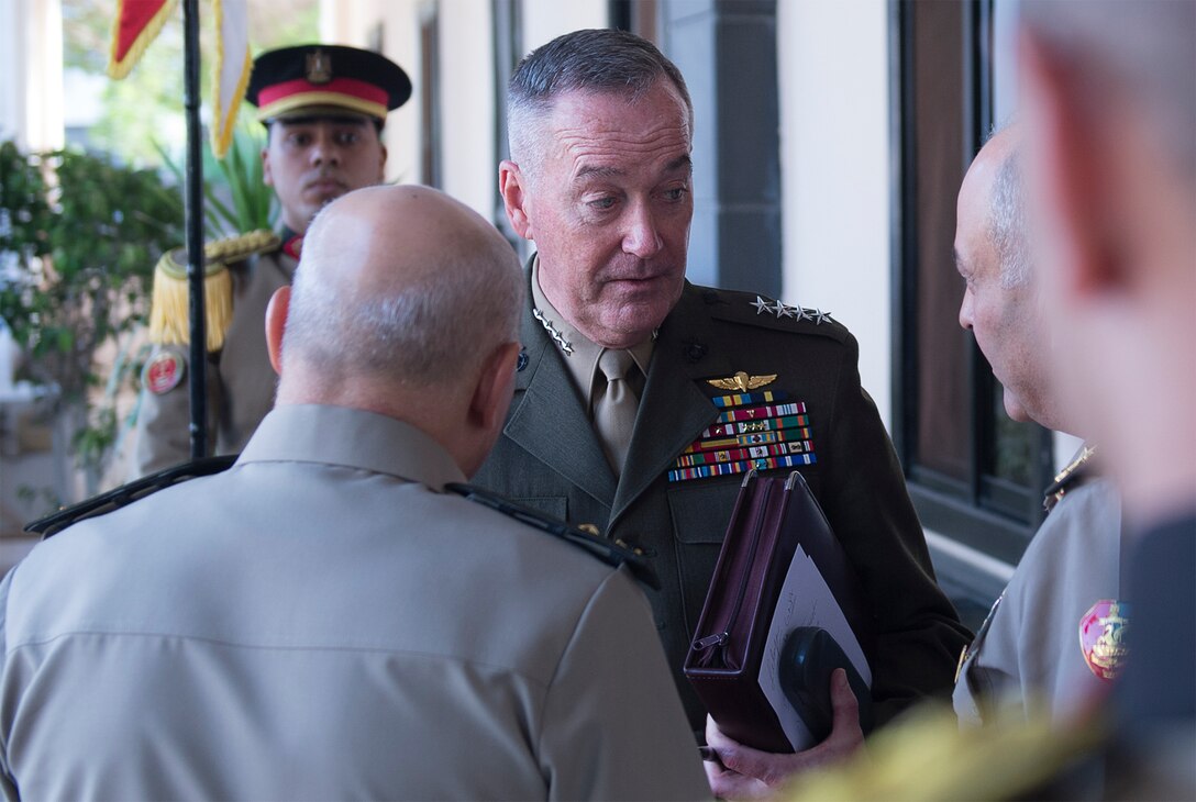 Marine Gen. Joseph F. Dunford Jr., chairman of the Joint Chiefs of Staff, speaks with Egyptian Defense Minister Col. Gen. Sedki Sobhy and Chief of the Armed Forces Lt. Gen. Mahmoud Hegazy before departing the Ministry of Defense in Cairo, April 23, 2016. DoD photo by Navy Petty Officer 2nd Class Dominique A. Pineiro