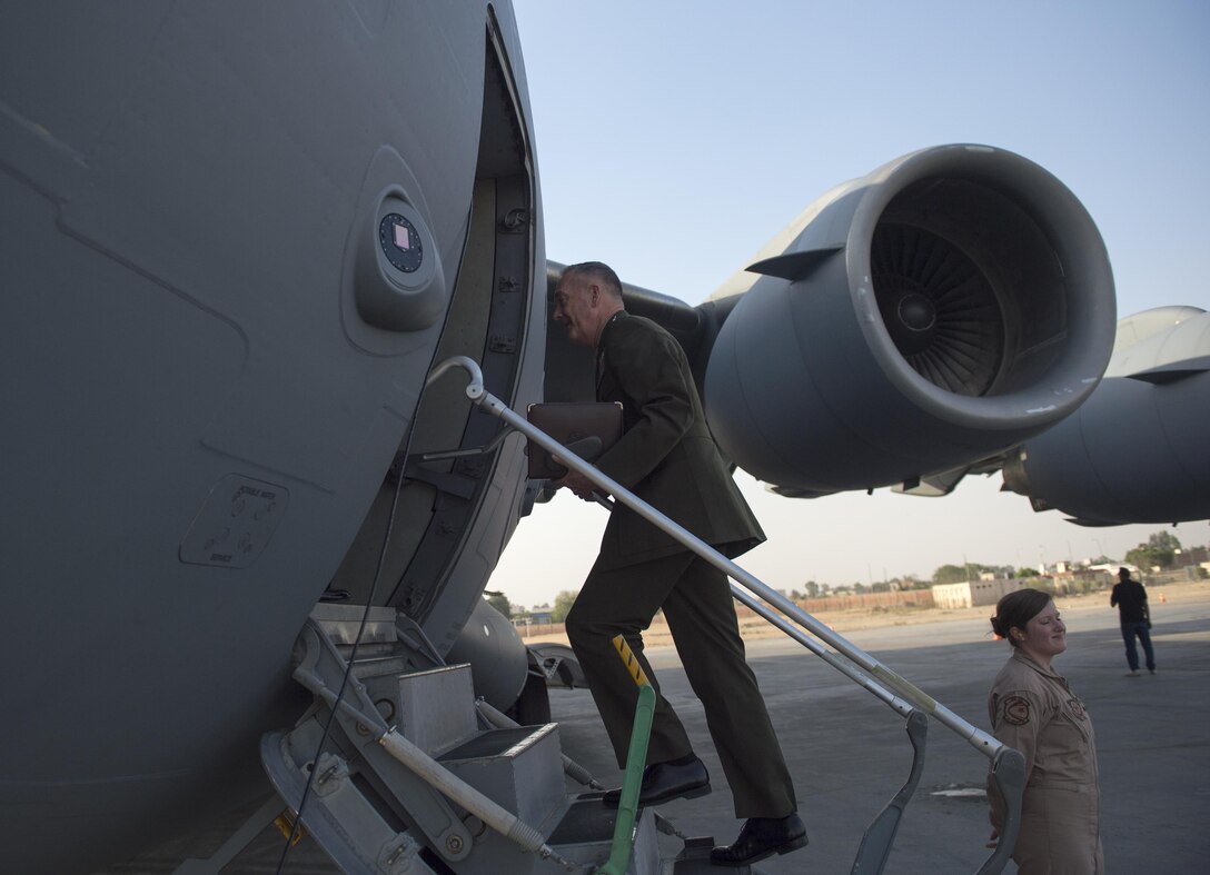 Marine Corps Gen. Joe Dunford, chairman of the Joint Chiefs of Staff, boards a C-17 Globemaster III after meetings in Cairo, April 23, 2016. DoD photo by Navy Petty Officer 2nd Class Dominique A. Pineiro
