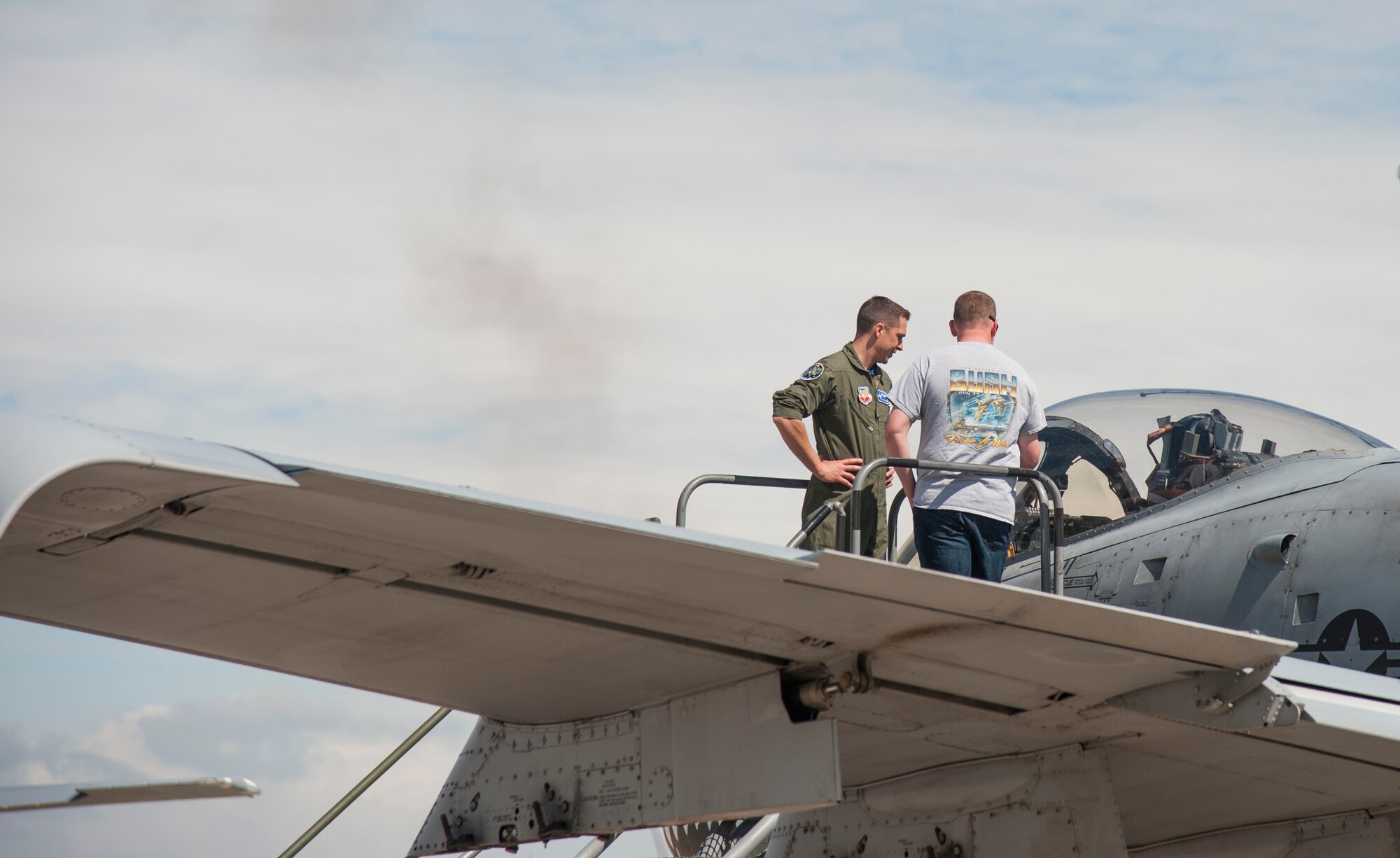 A U.S. Air Force A-10 Thunderbolt II pilot shows off the aircraft’s capabilities to an individual during the AirPower over Hampton Roads Open House at Langley Air Force Base, Va., April 23, 2016. The A-10 Thunderbolt II has excellent maneuverability at low air speeds and altitude, and is a highly accurate and survivable weapons-delivery platform. (U.S. Air Force photo by Senior Airman Kayla Newman)