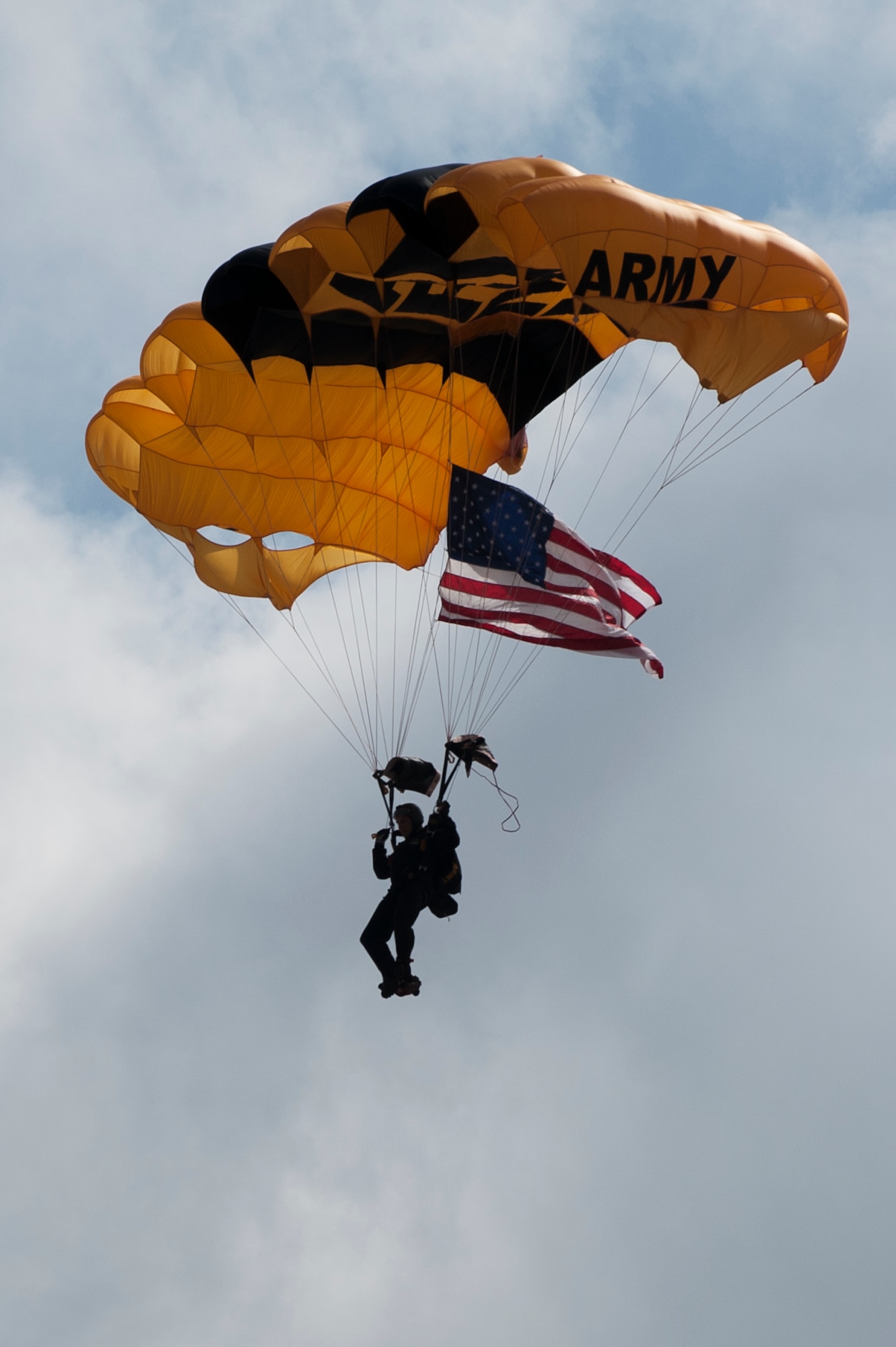 A member of the U.S. Army Golden Knights parachute team presents the American flag to kick off the AirPower over Hampton Roads Open House at Langley Air Force Base, Va., April 23, 2016. The Golden Knights are one of three Department of Defense-sanctioned aerial demonstration teams, along with the U.S. Navy Blue Angels and the U.S. Air Force Thunderbirds. (U.S. Air Force photo by Airman 1st Class Kaylee Dubois)