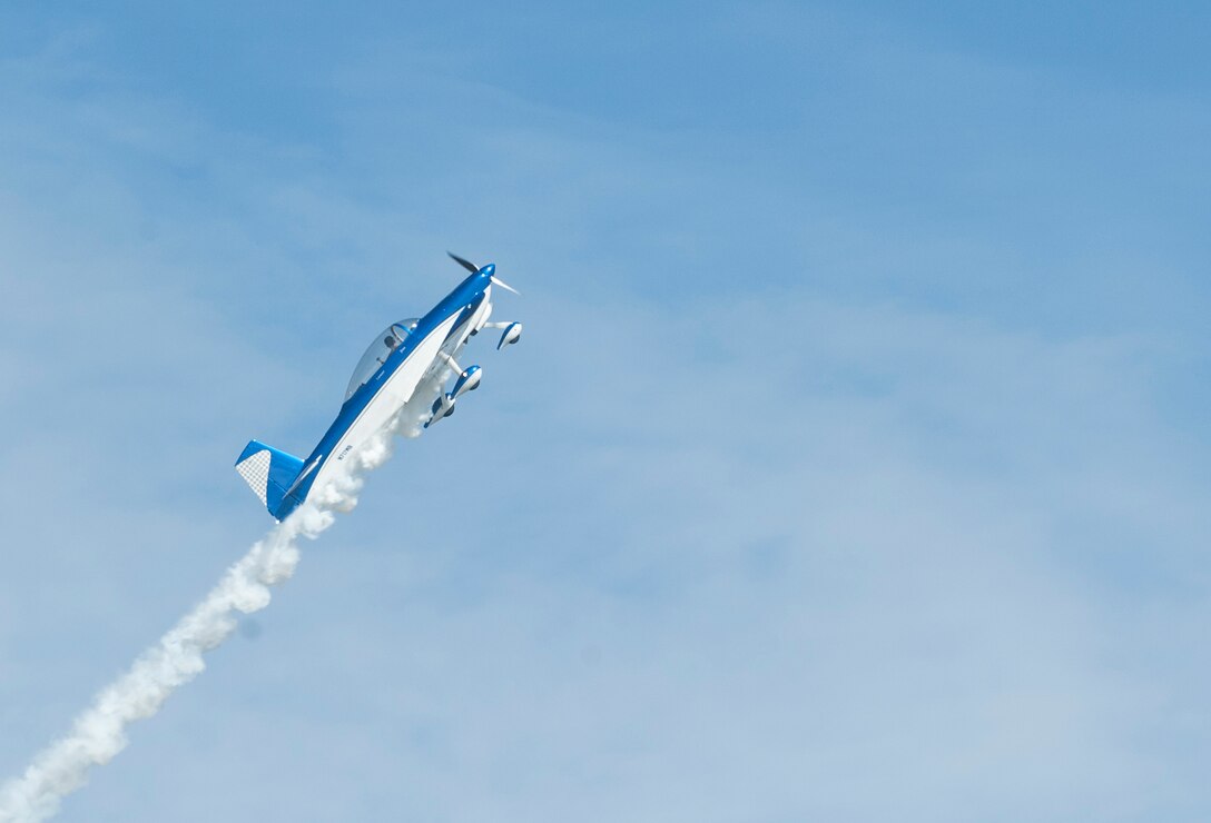 A Van’s RV-8A, also known as Wild Blue, performs aerial maneuvers during the AirPower over Hampton Roads Open House at Langley Air Force Base, Va., April 23, 2016. Retired U.S. Air Force Lt. Col. Jerry “Jive” Kerby controlled the single aircraft as a fighter jet during the act.  (U.S. Air Force photo by Airman 1st Class Kaylee Dubois)