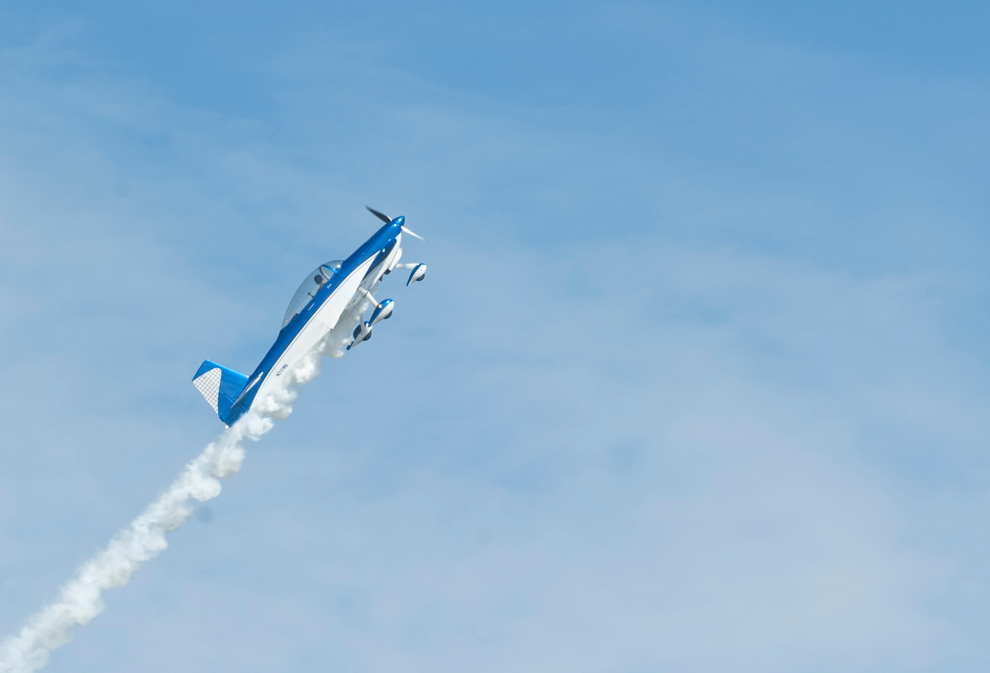 A Van’s RV-8A, also known as Wild Blue, performs aerial maneuvers during the AirPower over Hampton Roads Open House at Langley Air Force Base, Va., April 23, 2016. Retired U.S. Air Force Lt. Col. Jerry “Jive” Kerby controlled the single aircraft as a fighter jet during the act.  (U.S. Air Force photo by Airman 1st Class Kaylee Dubois)