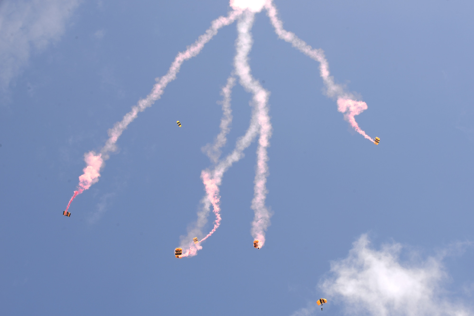 The U.S. Army Golden Knights glide toward the ground during the AirPower over Hampton Roads Open House at Langley Air Force Base, Va., April 23, 2016. The Knights demonstration teams, which use five dedicated aircraft, perform at more than 100 events each year. (U.S. Air Force photo by Staff Sgt. Teresa J. Cleveland)