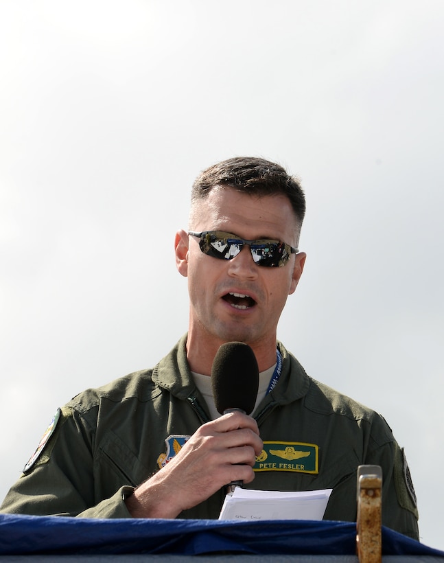U.S. Air Force Col. Pete Fesler, 1st Fighter Wing commander, welcomes spectators to the AirPower over Hampton Roads Open House at Langley Air Force Base, Va., April 23, 2016. The Open House is the first on the installation since 2011, and also marks the 100-year anniversary of Langley Air Force Base. (U.S. Air Force photo by Staff Sgt. Teresa J. Cleveland/Released)