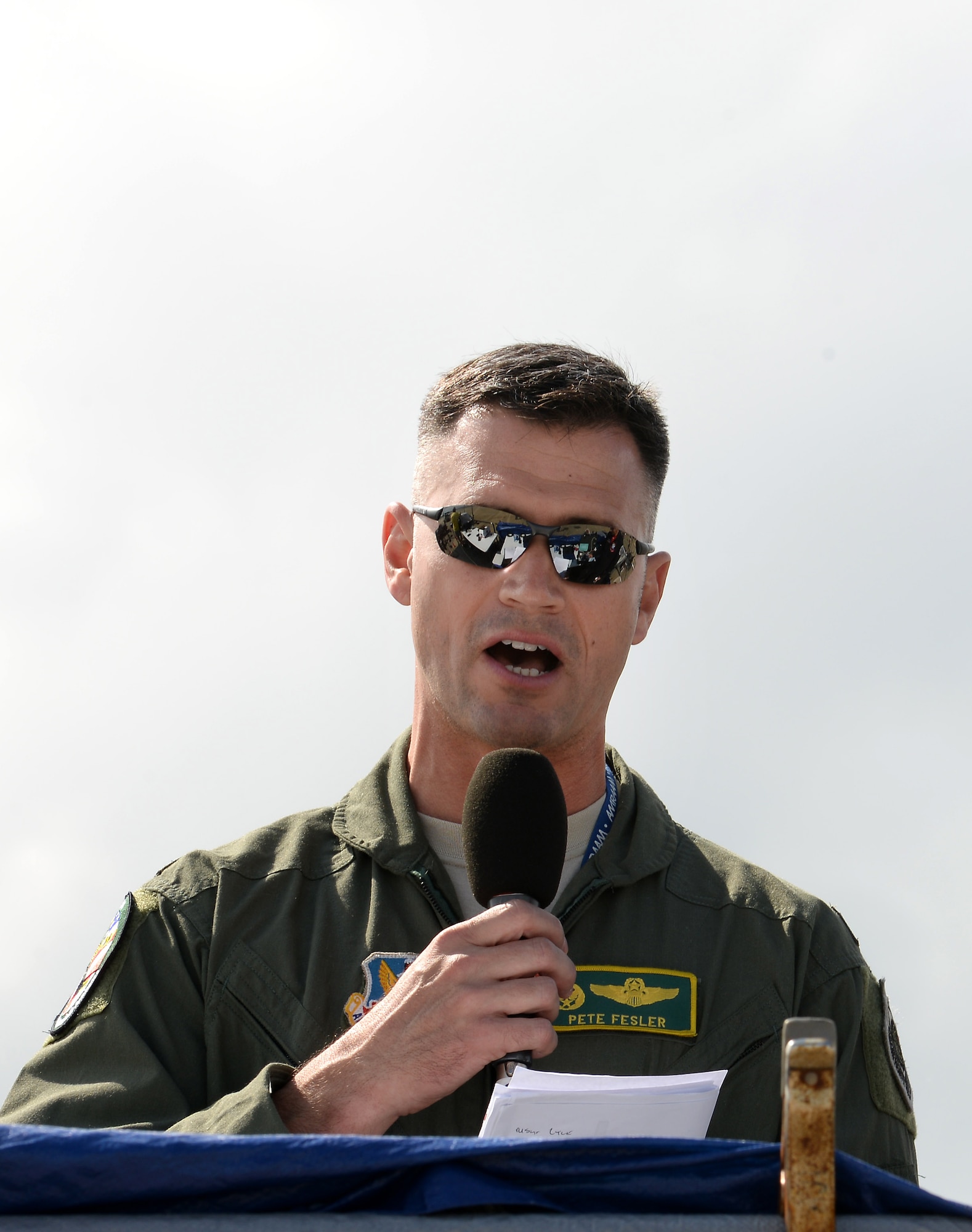 U.S. Air Force Col. Pete Fesler, 1st Fighter Wing commander, welcomes spectators to the AirPower over Hampton Roads Open House at Langley Air Force Base, Va., April 23, 2016. The Open House is the first on the installation since 2011, and also marks the 100-year anniversary of Langley Air Force Base. (U.S. Air Force photo by Staff Sgt. Teresa J. Cleveland/Released)