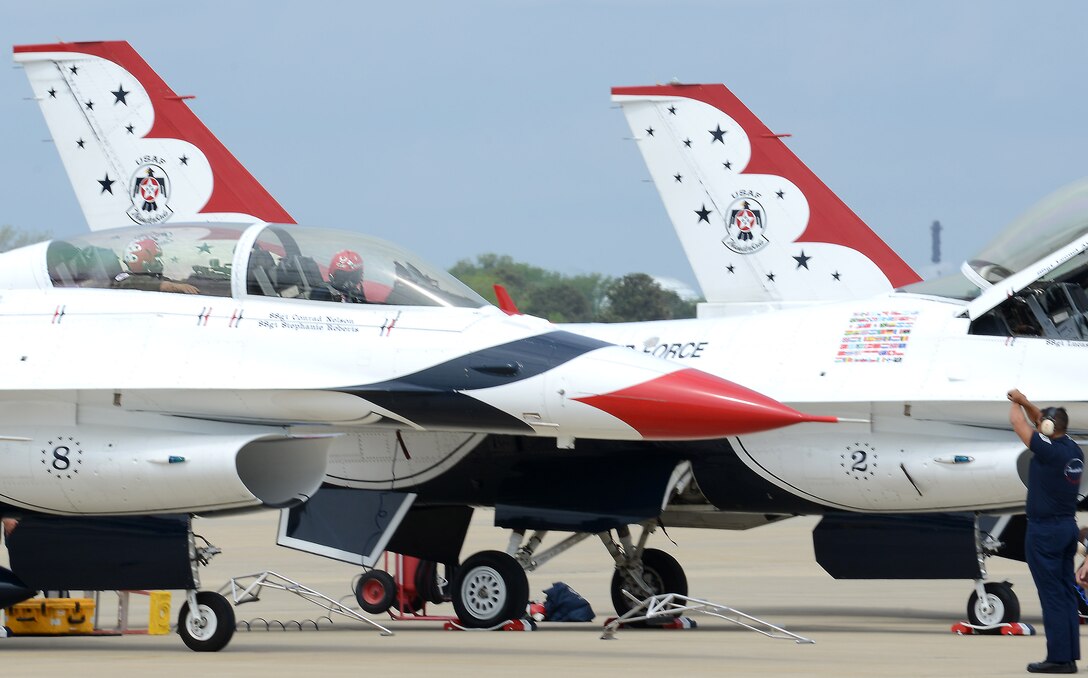 John Tirpak, Air Force Magazine journalist, returns from a flight with the U.S. Air Force Thunderbirds before the AirPower over Hampton Roads Open House at Langley Air Force Base, Va., April 22, 2016. The Thunderbirds are the Air Force’s premiere aerial demonstration team. (U.S. Air Force photo by Staff Sgt. Teresa J. Cleveland)