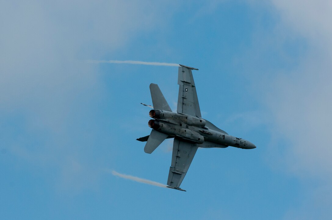 A U.S. Navy FA-18 Hornet performs during the AirPower over Hampton Roads Open House at Langley Air Force Base, Va., April 23, 2016. The hornet is a twin-engine supersonic, all-weather, multirole combat jet. (U.S. Air Force photo by Staff Sgt.Natasha Stannard)