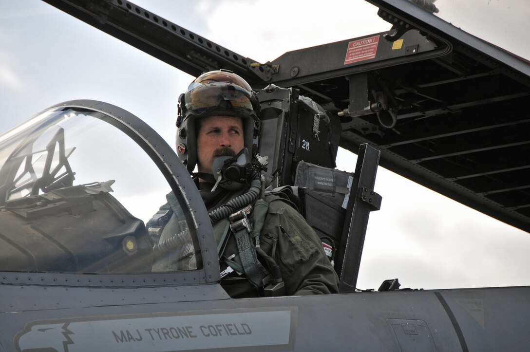 U.S. Air Force and Massachusetts Air National Guard Lt. Col. David “Moon” Halasi-Kun, 131st Expeditionary Fighter Squadron detachment commander, prepares for his mission in an F-15C Eagle, April 20, 2016.  The 131st EFS is participating in the Royal Netherlands Air Force Frisian Flag 2016 exercise, Leeuwarden Air Base, Netherlands.  The exercise runs from April 11-22 and is comprised of more than 70 aircraft and several hundred personnel from the United States, Netherlands, Belgium, France, Finland, Poland, Norway, United Kingdom, Germany and Australia. (U.S. Air National Guard photo by 1st Lt. Anthony Mutti /Released)
