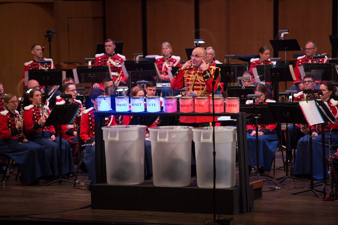 The Marine Band performed the Young People's Concert: Meet the Band, which included an instrument petting zoo, on Sunday, April 24, at Northern Virginia Community College's Rachel M. Schlesinger Concert Hall and Arts Center in Alexandria, Va. (USMC photo by Staff Sgt. Brian Rust/released).