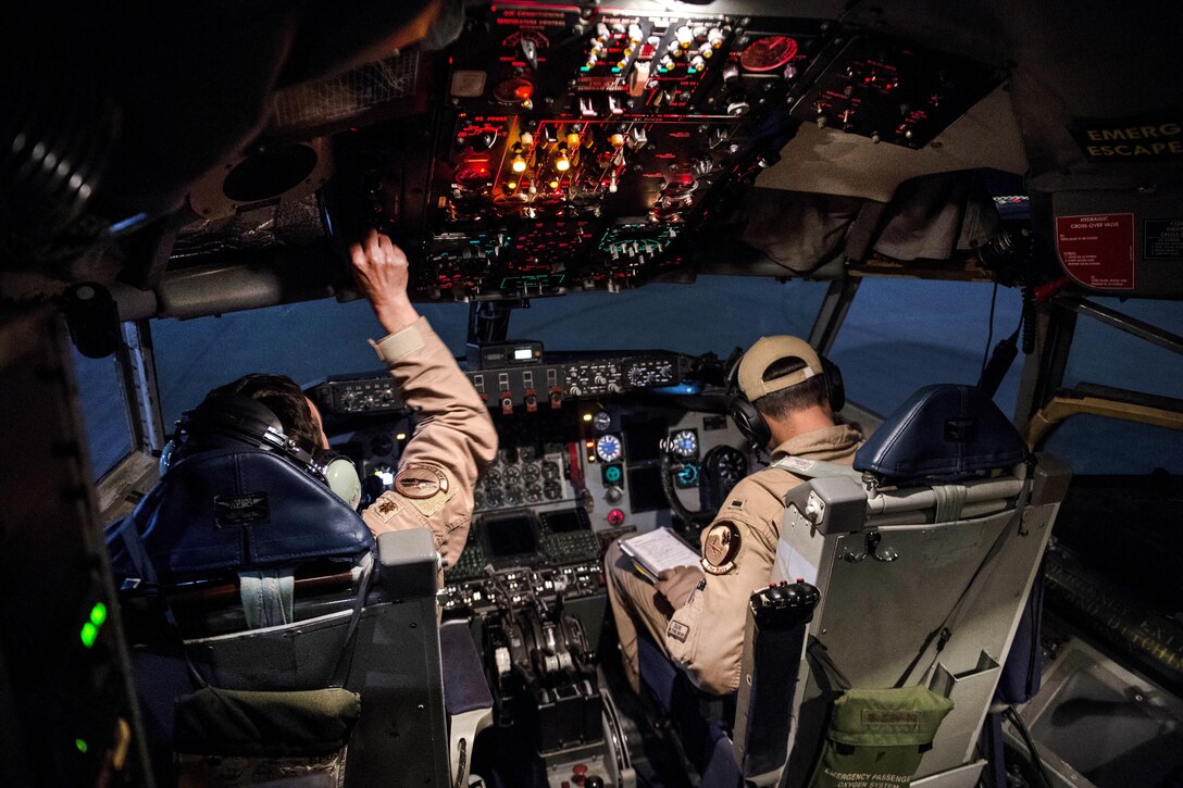Air Force pilots return from a mission supporting Operation Inherent Resolve in a KC-135 Stratotanker aircraft at Al Udeid Air Base, Qatar, April 8, 2016. Air Force photo by Staff Sgt. Corey Hook
