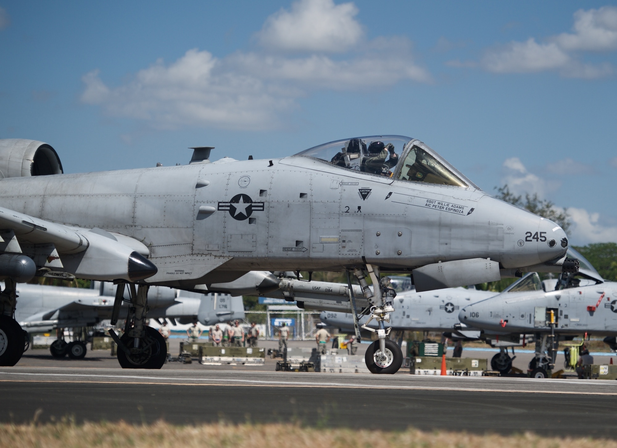 U.S. Air Force Capt. Chris Elmstedt, an A-10C Thunderbolt II pilot from the 25th Fighter Squadron, Osan Air Base, Republic of Korea, taxies the aircraft in preparation for takeoff at Clark Air Base, Philippines, April 21, 2016. The pilots and aircraft conducted a mission flying in the vicinity of Scarborough Shoal in order to provide greater and more transparent air and maritime situational awareness to ensure safety for military and civilian activities in international waters and airspace. Elmstedt is deployed along with five A-10Cs, three HH-60G Pave Hawks and approximately 200 Airmen from various Pacific Air Forces bases in support of U.S. Pacific Command’s first Air Contingent. (U.S. Air Force photo by Capt. Susan Harrington)