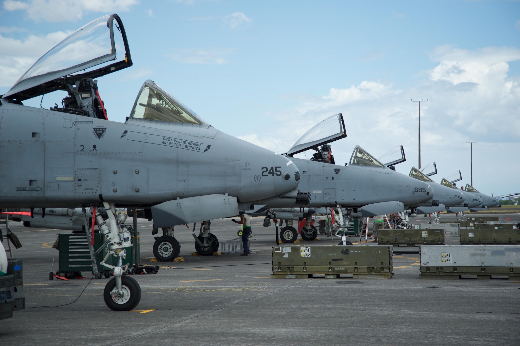 Five A-10C Thunderbolt IIs sit on the flight line at Clark Air Base, Philippines, after flying a training mission April 20, 2016. The aircraft are part of U.S. Pacific Command’s first iteration of an Air Contingent at the base, which was stood up at the invitation of the Philippine government in order to strengthen cooperation and interoperability between the U.S. and Philippines. The Air Contingent provides forces capable of a variety of missions including force projection, air and maritime domain awareness, personnel recovery, combating piracy, assuring access to the air and maritime domains in accordance with international law and ensures safety and transparency of operations in international waters and airspace. (U.S. Air Force photo by Capt. Susan Harrington)