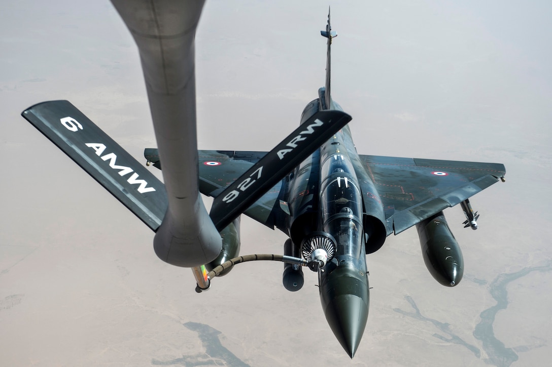 A French Mirage 2000D aircraft receives fuel from a U.S Air Force KC-135 Stratotanker aircraft over Iraq in support of Operation Inherent Resolve, April 8, 2016. Air Force photo by Staff Sgt. Corey Hook