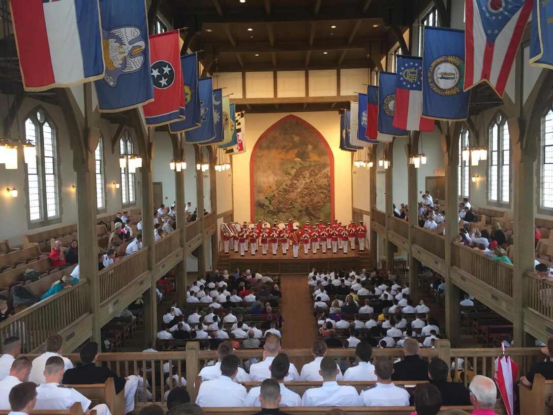 "The Commandant's Own," The United States Marine Drum & Bugle Corps performs as part of the Battle Color Ceremony at the Virginia Military Institute on Friday April 22nd.  