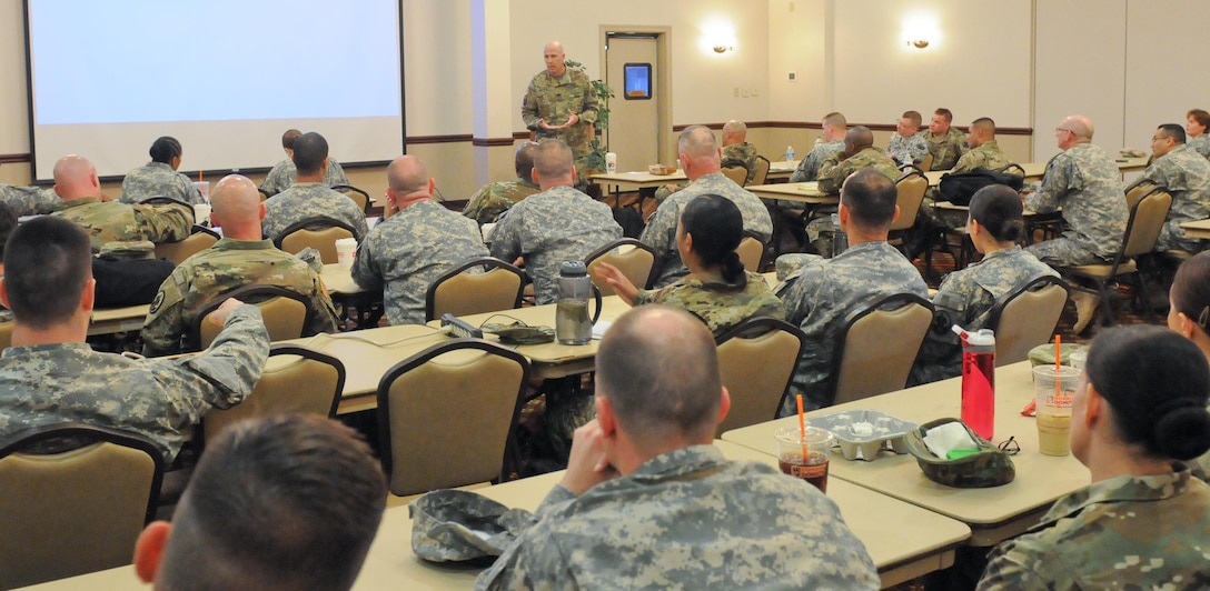 Command Sgt. Maj. Patrick McKie, command sergeant major of the U.S. Army Reserve Careers Division, speaks to Soldiers of 2nd Battalion, ARCD, during Master Resiliency Class April 18 at Joint Base McGuire-Dix-Lakehurst, New Jersey. These retention and transition NCOs and career counselors gained valuable knowledge for success during the unit’s annual training April 16-23.