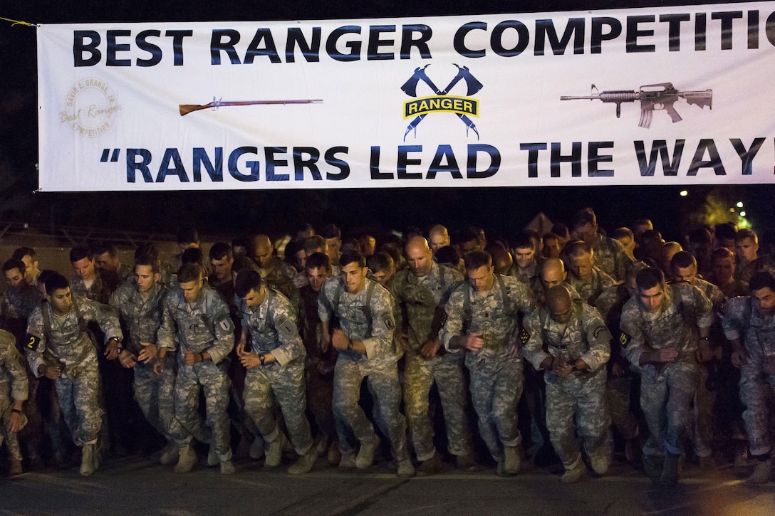 Army Rangers prepare for a run during the Best Ranger Competition at Fort Benning, Ga., April 15, 2016. Canadian Armed Forces photo by Cpl. Alana Morin