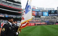 Staff Sgt. Adam Glover, Staff Sgt. Zachary Barrett, Staff Sgt. Harry Newman, and Staff Sgt. Luis Claudio with Headquarters and Headquarters Company, 3rd Brigade, 100th Division, from Ft. Totten in Queens provide the color guard on April 23, 2016, when the New York Yankees faced Tampa Bay Rays at Yankee Stadium. April 23rd marks the 108th anniversary of the United States Army Reserve. Army Reserve Soldiers are currently supporting all military branches and have been a vital part of our national military strategy during peacetime and war since it's founding in 1908. (U.S. Army Photo by Sgt. Nicole Paese)
