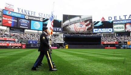 Soldiers from Headquarters and Headquarters Company, 3rd Brigade, 100th Division, from Ft. Totten in Queens provide the color guard on April 23, 2016, when the New York Yankees faced Tampa Bay Rays at Yankee Stadium. April 23rd marks the 108th anniversary of the United States Army Reserve. Army Reserve Soldiers are currently supporting all military branches and have been a vital part of our national military strategy during peactime and war since it's founding in 1908. (U.S. Army Photo by Sgt. Nicole Paese)