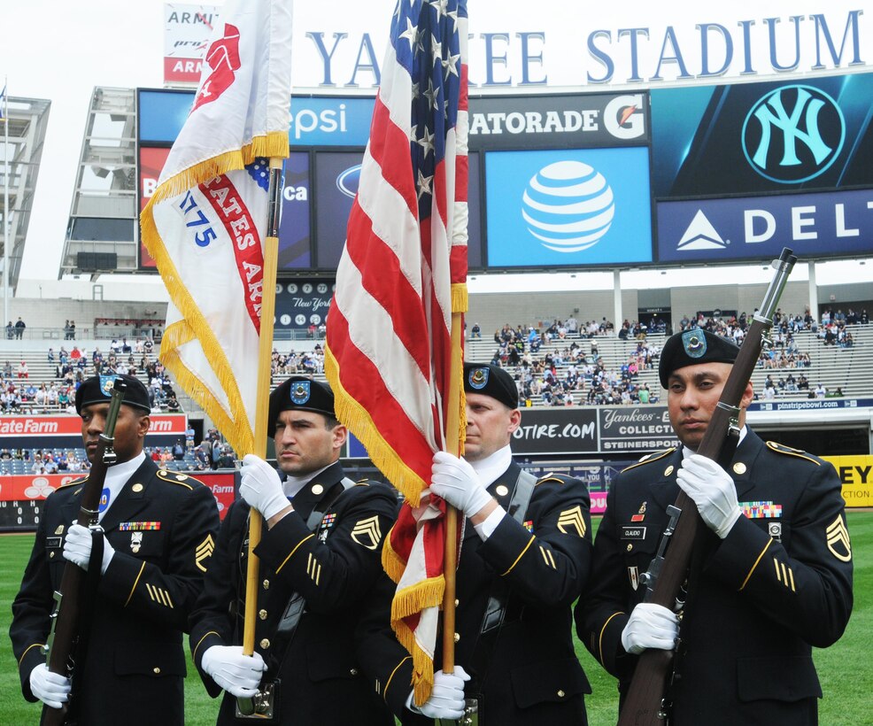 Staff Sgt. Adam Glover, Staff Sgt. Zachary Barrett, Staff Sgt. Harry Newman, 
and Staff Sgt. Luis Claudio with Headquarters and Headquarters Company, 3rd 
Brigade, 100th Division, from Ft. Totten in Queens provide the color guard on 
April 23, 2016, when the New York Yankees faced Tampa Bay Rays at Yankee Stadium. April 23rd marks the 108th anniversary of the United States Army Reserve. Army Reserve Soldiers are currently supporting all military branches and have been a vital part of our national military strategy during peacetime and war since it's founding in 1908. (U.S. Army Photo by Sgt. Nicole Paese)