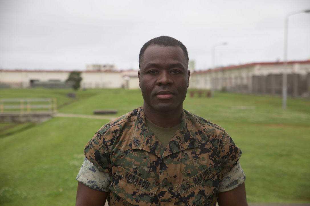 Marine Corps Sgt. Doudoubite Korabou, a mechanic with the 7th Communication Battalion in Okinawa, Japan, served as the chief instructor at III Marine Expeditionary Force Headquarters Group’s corporals’ course. Marine Corps photo by Lance Cpl. Kelsey Dornfeld