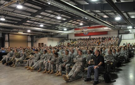 U.S. Army Reserve soldiers, Marines, Army and Air National guardsmen and civilians from across the country attended the initial welcome briefing for Cyber Shield 16 at Camp Atterbury, Ind., April 18, 2016. The briefing introduced personnel to the training classes available in the week ahead, to include Intrusion Detection, Law of Data Security, and Threat Analysis. Cyber Shield is a two-week Army National Guard training exercise designed to develop and train cyber-capable forces. (U.S. Army photo by Sgt. Stephanie Hargett)