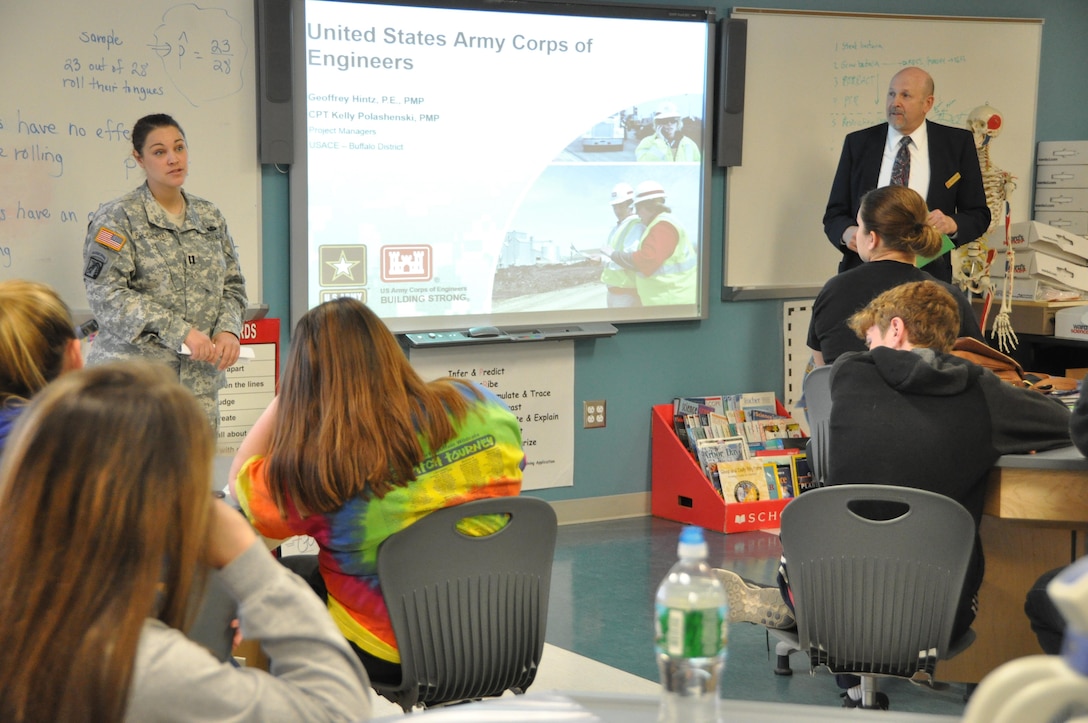 Two U.S. Army Corps of Engineers, Buffalo District engineers, with vastly different education and work backgrounds, teamed up to deliver valuable industry exposure to Niagara Falls High School science, technology, engineering, and mathematic (STEM) soon-to-be graduates, April 21. 