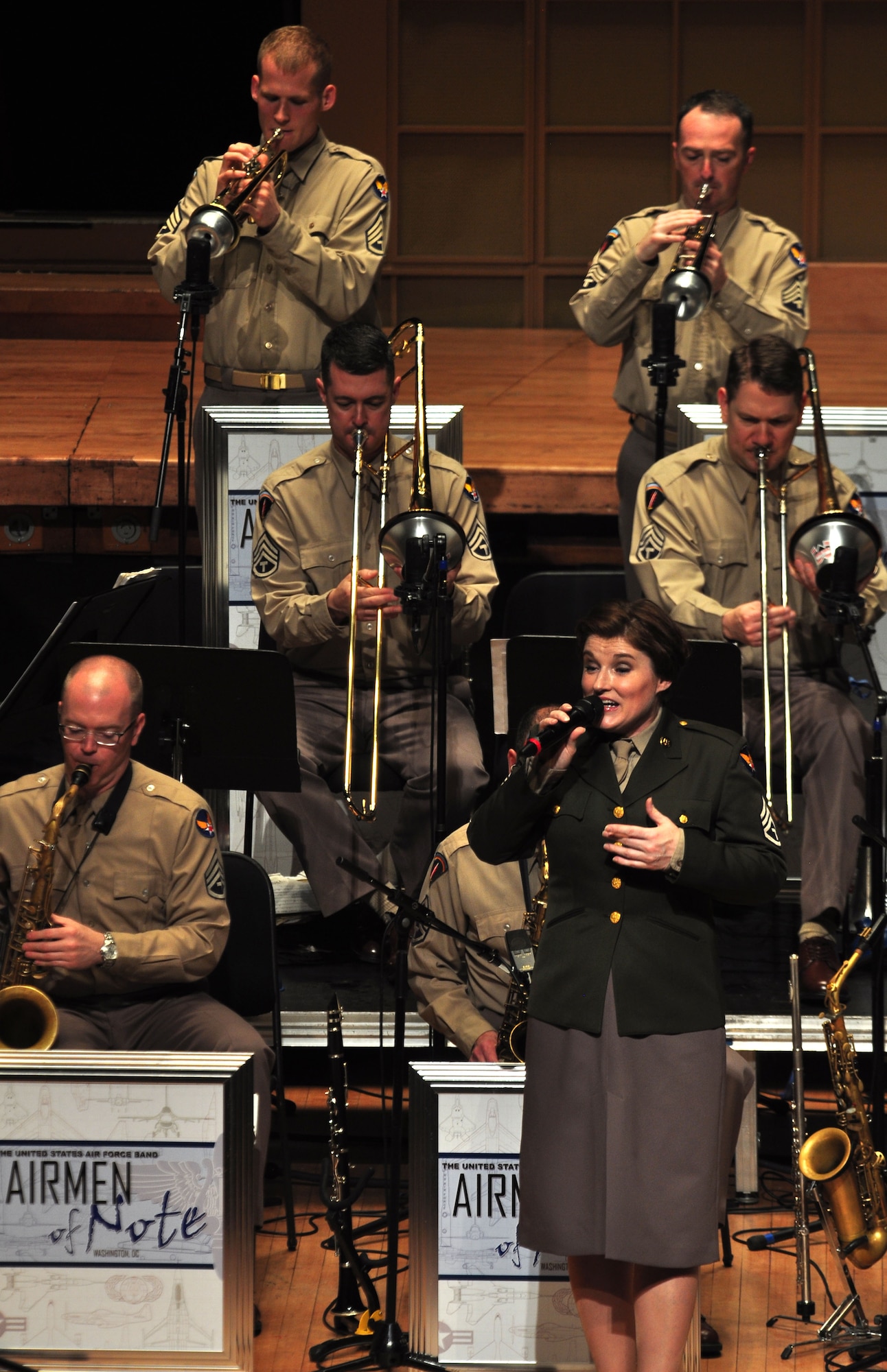 NAVAL AIR STATION FORT WORTH JOINT RESERVE BASE, Texas – Airmen of Note musicians, an Air Force Band ensemble perform April 20, before a crowd of 1,800 at the Morton H. Meyerson Symphony Center in Dallas. Band members wore World War II Army Air Corps uniforms honoring veterans from that era. Airmen of Note will continue its nine-day spring tour in Hewitt, Austin, Houston and Beaumont, Texas before traveling to Louisiana. (U.S. Air Force photo by Julie Briden-Garcia)