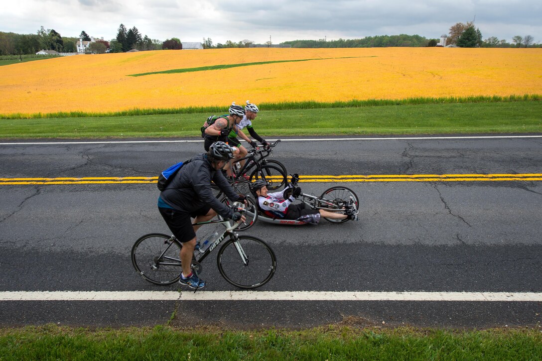 Cyclists ride past countryside near Poolesville, Md., April 23, 2016, during the Face of America bike ride. DoD photo by EJ Hersom