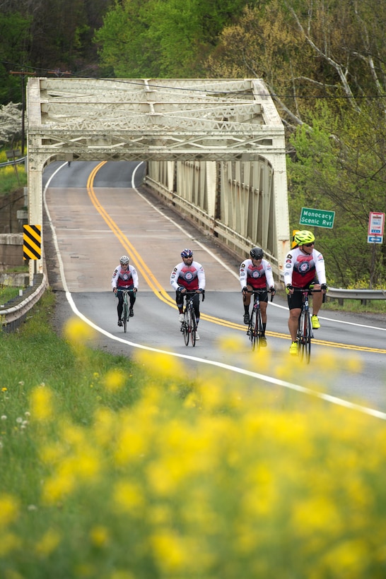 Cyclists ride past the Monocacy River during the Face of America ride in Dickerson, Md., April 23, 2016. DoD photo by EJ Hersom