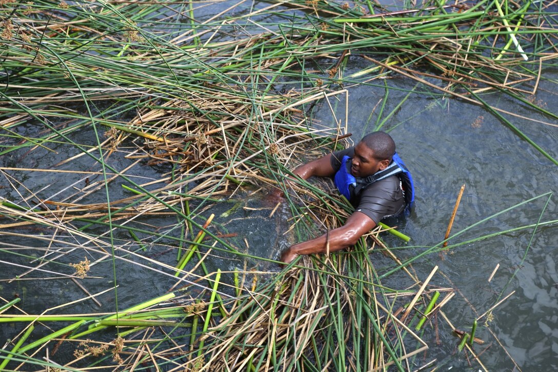 A service member volunteering with the Single Marine Program clears vegetation from the Miramar Fish Pond aboard Marine Corps Air Station Miramar, Calif., April 22. Fifty Marines participated in the SMP's 2nd Annual Day of Service pond cleanup. (U.S. Marine Corps photo by Pfc. Liah Kitchen/Released)