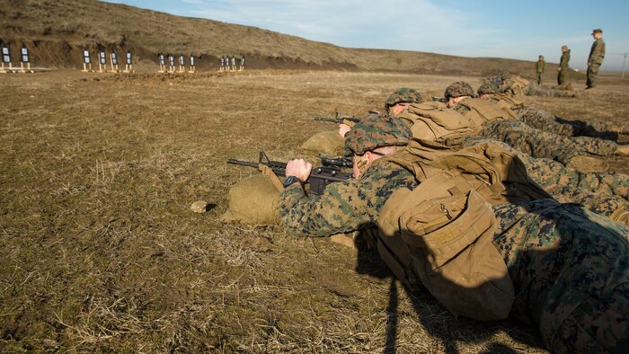 U.S. Marines with Black Sea Rotational Force engage targets during a live-fire exercise aboard Mihail Kognalniceanu Air Base, Romania, Feb. 2, 2016. Marines from 1st Battalion, 8th Marine Regiment, conducted battle sight zeroes on various individual weapons systems, to prepare for future BSRF exercises and contingencies. 