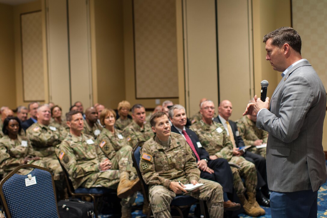 The Hon. Patrick J. Murphy, Acting Secretary of the Army, addresses U.S. Army Reserve senior leaders at the Iron Mike Conference, April 23, 2016, Fort Bragg, NC. Murphy summed his time with the senior leaders by saying the Army is “America’s varsity team” and needs to be ready at a moment’s notice. And the U.S. Army Reserve is an integral part of the team. “When the President or these governors ask us to respond, we can’t say, ‘I’m sorry.’ We’ve got to be ready to go. We’ve got be ready to go tonight. That’s why readiness is so important,” Murphy said. He also was the guest speaker later in the evening at the U.S. Army Reserve 108th anniversary ball. (U.S. Army photo by Timothy L. Hale) (Released)