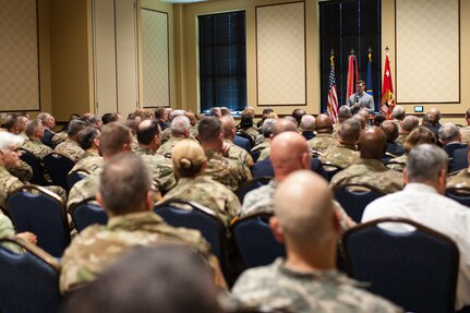 The Hon. Patrick J. Murphy, Acting Secretary of the Army, addresses U.S. Army Reserve senior leaders at the Iron Mike Conference, April 23, 2016, Fort Bragg, NC. Murphy summed his time with the senior leaders by saying the Army is “America’s varsity team” and needs to be ready at a moment’s notice. And the U.S. Army Reserve is an integral part of the team. “When the President or these governors ask us to respond, we can’t say, ‘I’m sorry.’ We’ve got to be ready to go. We’ve got be ready to go tonight. That’s why readiness is so important,” Murphy said. He also was the guest speaker later in the evening at the U.S. Army Reserve 108th anniversary ball. (U.S. Army photo by Timothy L. Hale) (Released)