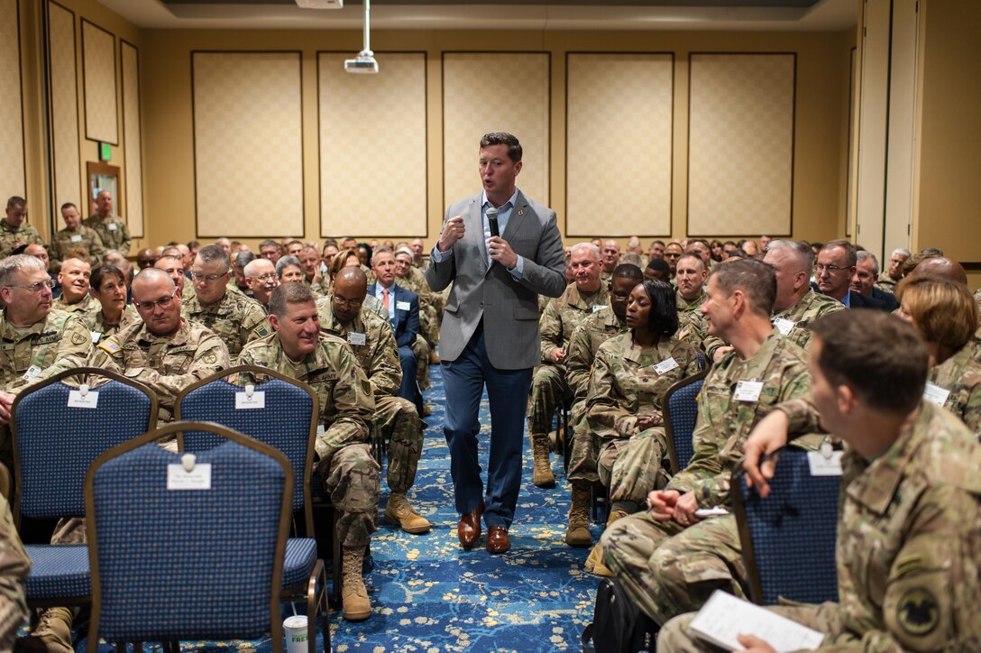 The Hon. Patrick J. Murphy, Acting Secretary of the Army, addresses U.S. Army Reserve senior leaders at the Iron Mike Conference, April 23, 2016, Fort Bragg, NC. Murphy summed his time with the senior leaders by saying the Army is “America’s varsity team” and needs to be ready at a moment’s notice. And the U.S. Army Reserve is an integral part of the team. “When the President or these governors ask us to respond, we can’t say, ‘I’m sorry.’ We’ve got to be ready to go. We’ve got be ready to go tonight. That’s why readiness is so important,” Murphy said. He also was the guest speaker later in the evening at the U.S. Army Reserve 108th anniversary ball. (U.S. Army photo by Timothy L. Hale) (Released)