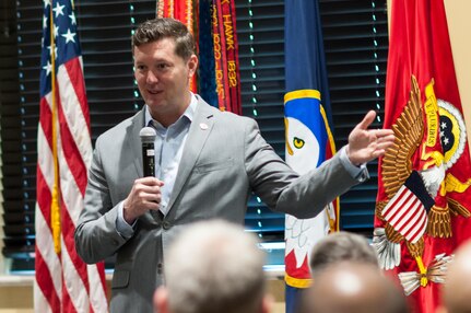 The Hon. Patrick J. Murphy, Acting Secretary of the Army, addresses U.S. Army Reserve senior leaders at the Iron Mike Conference, April 23, 2016, Fort Bragg, NC. Murphy summed his time with the senior leaders by saying the Army is “America’s varsity team” and needs to be ready at a moment’s notice. And the U.S. Army Reserve is an integral part of the team. “When the President or these governors ask us to respond, we can’t say, ‘I’m sorry.’ We’ve got to be ready to go. We’ve got be ready to go tonight. That’s why readiness is so important,” Murphy said. He also was the guest speaker later in the evening at the U.S. Army Reserve 108th anniversary ball. (U.S. Army photo by Timothy L. Hale) (Released)