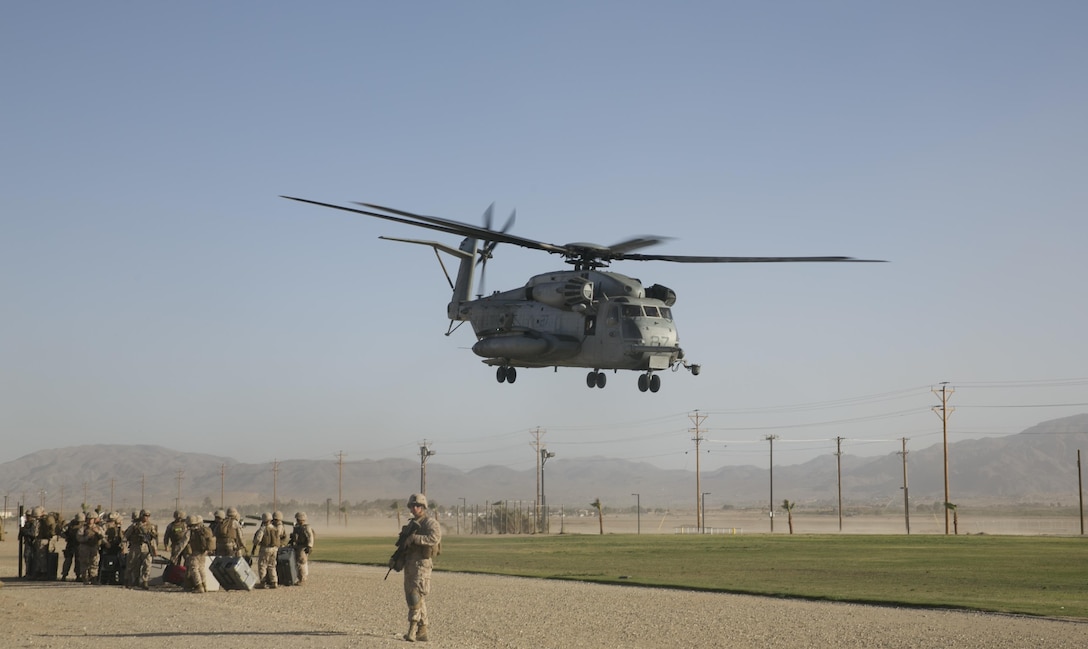 A CH-53 ‘Super Stallion’ takes off from Del Valle Field aboard the Combat Center, as part of a Non-Combatant Evacuation Operation exercise in support of Weapons and Tactics Instructor Course 2-16 April 15, 2016. (Official Marine Corps photo by Cpl. Thomas Mudd/Released)