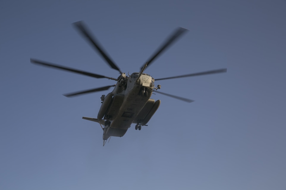 A CH-53 ‘Super Stallion’ takes Marine role-players back to Marine Corps Air Station Yuma, Ariz., from the Combat Center, as part of a Non-combatant Evacuation Operation Exercise in support Weapons and Tactics Instructor Course 2-16 April 15, 2016. (Official Marine Corps photo by Cpl. Thomas Mudd/Released)