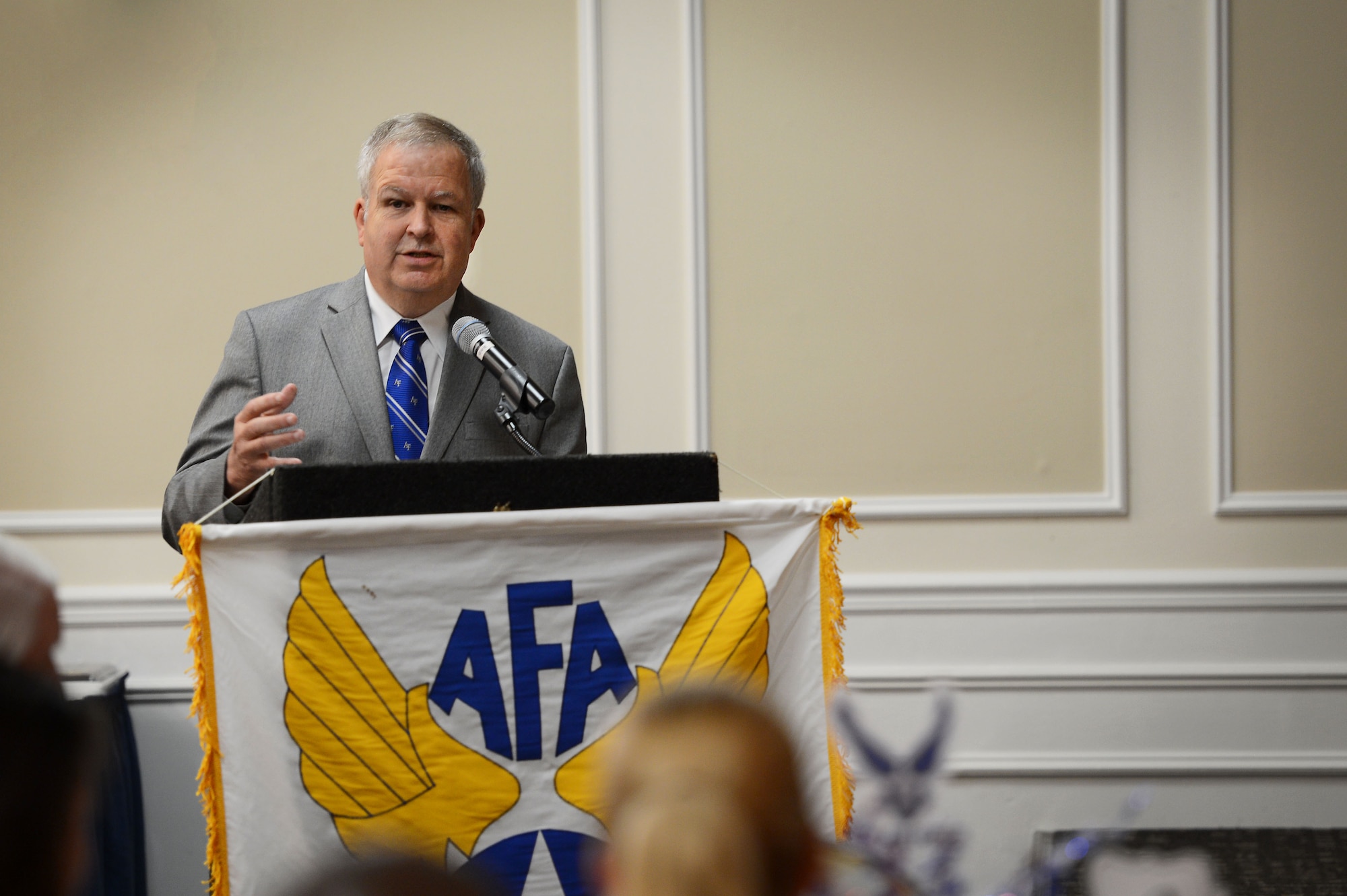 Bush Hanson, South Carolina Air Force Association Swamp Fox Chapter president, makes opening remarks at the SCAFA annual awards luncheon at the Carolina Skies Club and Conference Center at Shaw Air Force Base, April 23, 2016. The luncheon was held to honor outstanding performers from Air Force Bases, Civil Air Patrol units and ROTC and Junior ROTC units around the state. (U.S. Air Force photo by Senior Airman Zade Vadnais)