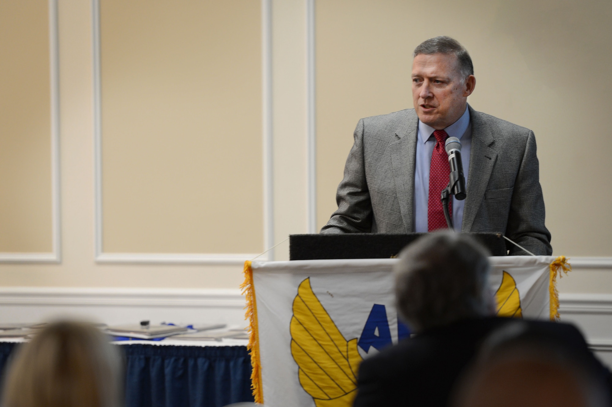 Gary North, Lockheed Martin Aeronautics vice president of customer requirements, addresses the crowd during an annual South Carolina Air Force Association awards luncheon at the Carolina Skies Club and Conference Center at Shaw Air Force Base, S.C., April 23, 2016. During his presentation, North discussed issues pertinent to the U.S. Air Force community in each region of the world and answered questions about anticipated future issues. (U.S. Air Force photo by Senior Airman Zade Vadnais)