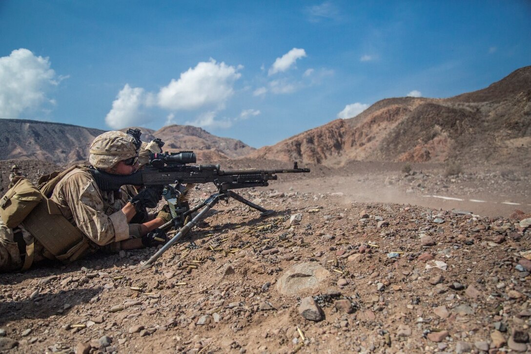 U.S. Marines with the 13th Marine Expeditionary Unit conduct weapons familiarization training and drills on Range TC-02 during Western Pacific Deployment 16-1, Djibouti, Africa, April 17, 2016. The 13th MEU is deployed in support of maritime security operations and theater cooperation efforts in the U.S. 5th fleet area of operations. (U.S. Marine Corps photo by Sgt. Hector de Jesus/RELEASED)