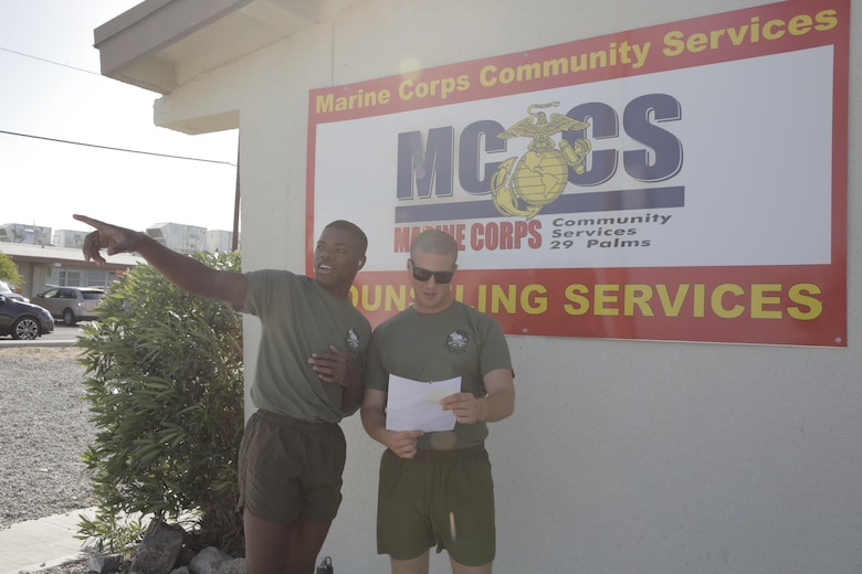 Lance Cpl. Elijah Kelly, rifleman, and Lance Cpl. Abram Martin, mortar-man, 2nd Battalion, 7th Marine Regiment, figure out their next destination during the Substance Abuse Program’s Scavenger Hunt April 15, 2016. (Official Marine Corps photo by Pfc. Dave Flores/Released)