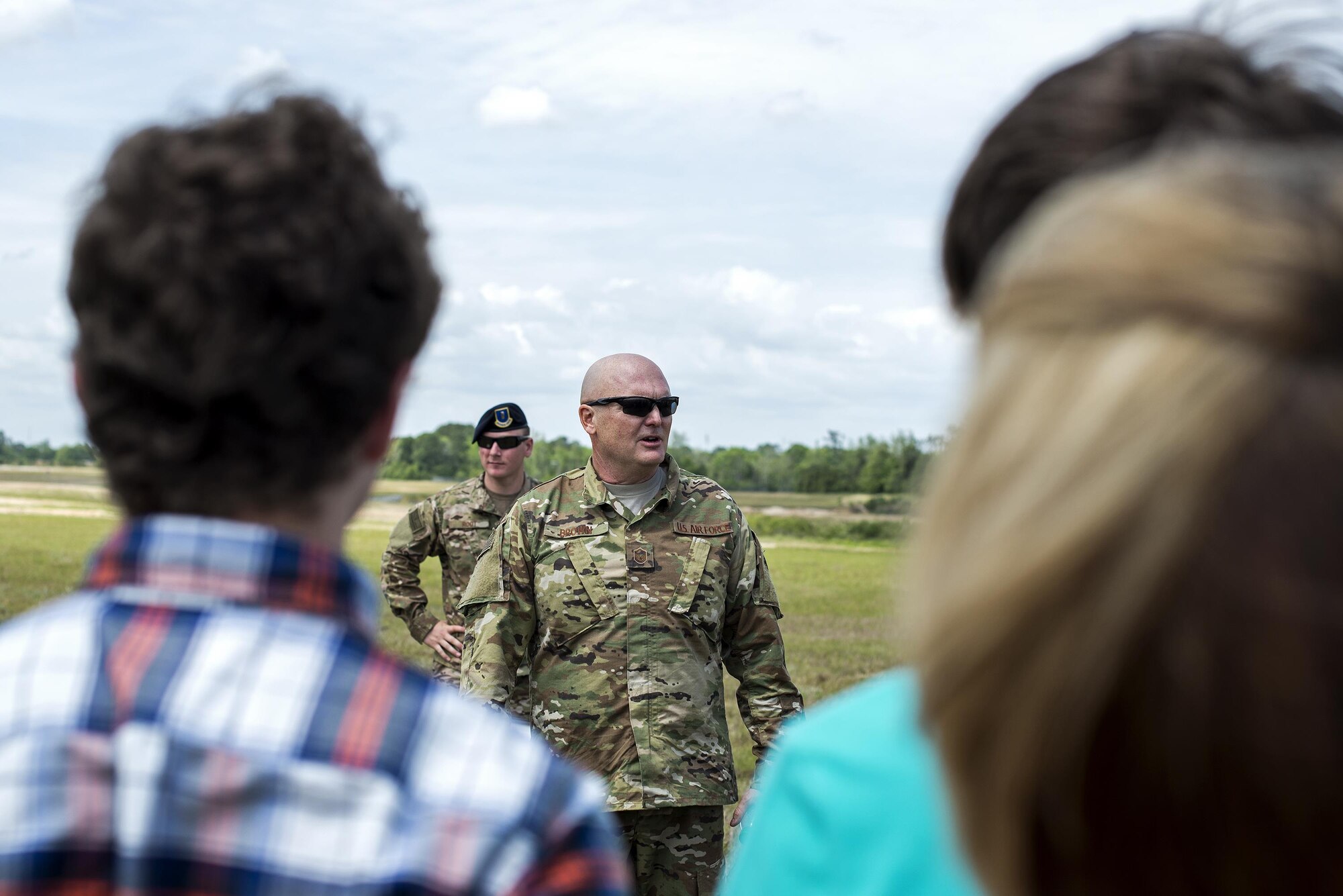 U.S. Air Force Master Sgt. David Brown, 820th Combat Operation Squadron personnel parachute program manager, gives his remarks during a memorial jump ceremony, April 21, 2016, at Henry Tift Myers Airport, Tifton, Ga. Family and friends of Tech. Sgt. Lee Fulp came to the ceremony to honor the legacy he left behind.  (U.S. Air Force photo by Airman 1st Class Janiqua P. Robinson/Released)