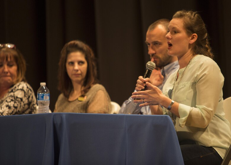 Campbell Fletcher, a Child Protective Services Assessment Supervisor for Onslow County, speaks to the Marines and Sailors of 10th Marine Regiment during a child abuse awareness and prevention symposium at Camp Lejeune, N.C., April 22, 2016. The purpose of the symposium was to make the Marines aware of the various resources available to them through their units and Marine Corps Community Services. (U.S. Marine Corps photo by Cpl. Michelle Reif/Released.)