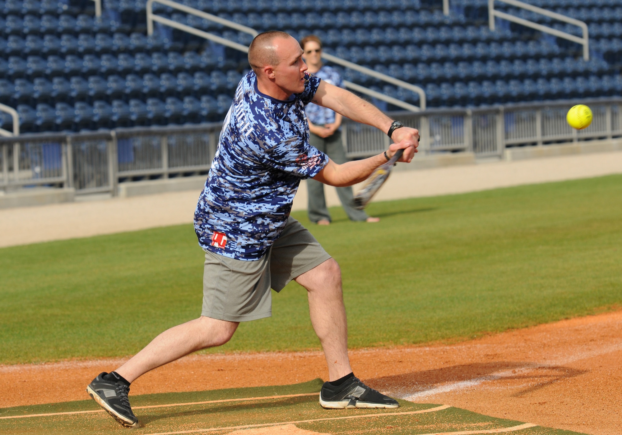 Capt. Harlan Glinski, 81st Security Forces operations officer and “Boots” team member, takes a swing during the “Boots versus Badges” softball game at the Biloxi Shuckers MGM Park April 21, 2016, Biloxi, Miss. The game was the kickoff event for the 2016 Special Olympics Mississippi Summer Games, which will be hosted by Keesler Air Force Base, Miss., May 20-21. (U.S. Air Force photo by Kemberly Groue)