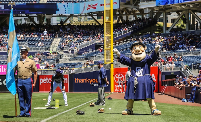 The Swinging Friar, San Diego Padres mascot, entertains the crowd during the San Diego Padres Military Opening Day game opening ceremony at Petco Park, April 17. After the ceremony concluded, service members stayed to enjoy the game. The Padres went up against the Arizona Diamondbacks and lost 3-7. 