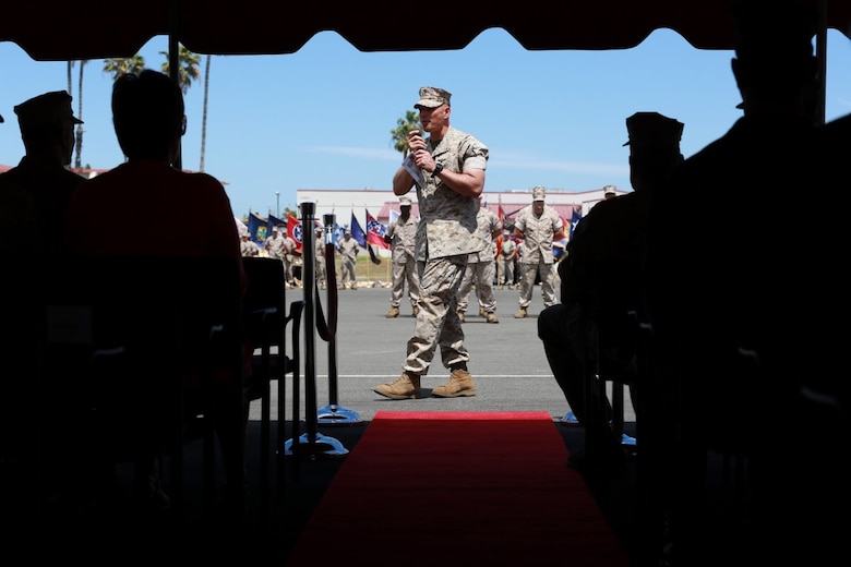 MARINE CORPS BASE, CAMP PENDLETON,Calif. – Col. Vance L. Cryer, the out-going commanding officer for the 15th Marine Expeditionary Unit addresses the audience at a change of command ceremony on Camp Pendleton April 22, 2016. During the ceremony Cryer relinquished command of the unit to Col. James P. Fallon, who previously was the MEU’s executive officer.  Cryer led the unit for nearly two years, including a deployment to the Middle East and Western Pacific. (Marine Corps photo by Cpl. Jonathan Boynes/Released)