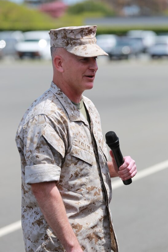 MARINE CORPS BASE, CAMP PENDLETON,Calif. – Col. James P. Fallon, commanding officer of the 15th Marine Expeditionary Unit, makes remarks to an audience during a change of command ceremony on Camp Pendleton April 22, 2016. During the ceremony Col. Vance L. Cryer, the  previous commanding officer of the 15th MEU for nearly two years, relinquished command of the unit to Fallon, who previously was the MEU’s executive officer. (Marine Corps photo by Cpl. Jonathan Boynes/Released)