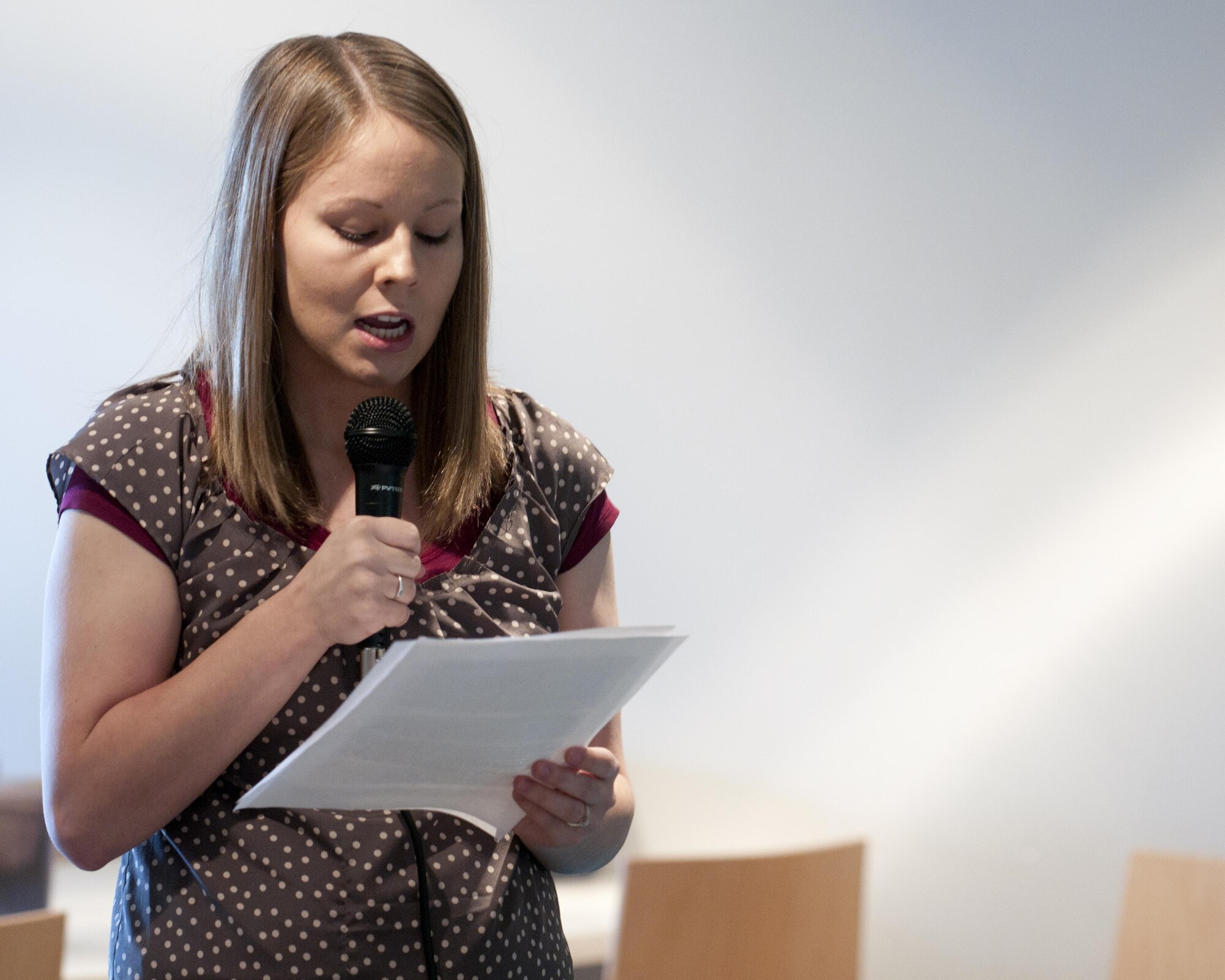 Ali Hobson, wife of Staff Sgt. Joshua Hobson, 388th Maintenance Group on Hill Air Force Base, Utah, shares her story of surviving sexual assault during the Sexual Assault Prevention and Response office’s Survivors Speak Breakfast, April 22, 2016, in the Chadwell Dining Facility on F.E. Warren Air Force Base, Wyo. This event was held in support of April being Sexual Assault Awareness Month. (U.S. Air Force photo by Airman 1st Class Malcolm Mayfield)